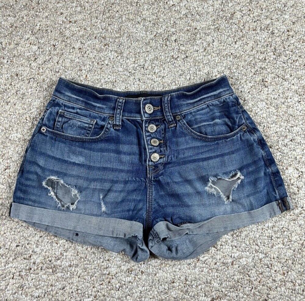 Express Jeans Womens Jean Shorts Size 2 Button Fly High Waist Cuffed Distressed